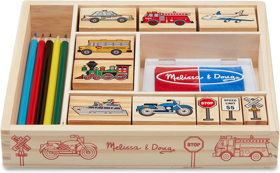 Melissa & Doug Wooden Stamp Set: Vehicles - 10 Stamps, 5 Colored Pencils, 2-Color Stamp Pad | Amazon (US)