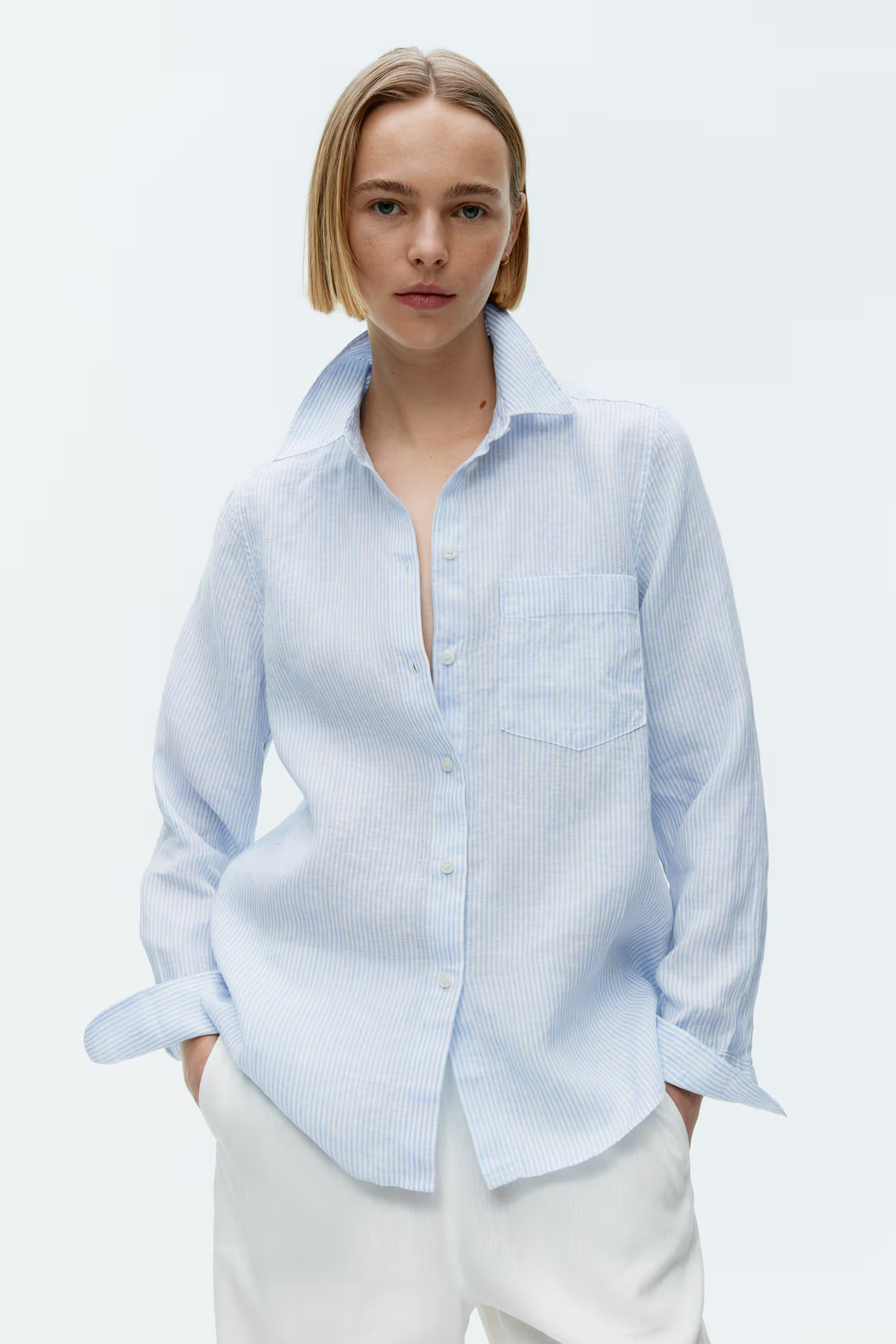 Leinenhemd - Langarm - Normale Länge - Weiß/Blau - Ladies | H&M AT | H&M (DE, AT, CH, NL, FI)