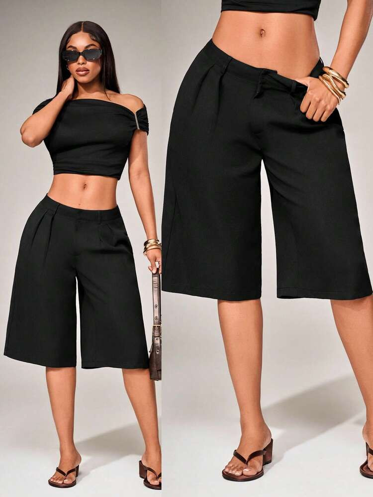 Radiana Women's Casual Black Summer Bermuda Shorts,Chic Low-Waist Loose Wide-Leg Suit Pants,Knee-... | SHEIN