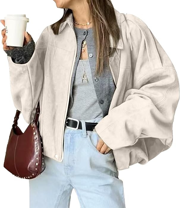 HOTIAN Women's Faux Suede Bomber Jacket Zipper Pilot Coat Casual Lapel Oversized Long Sleeves Y2K... | Amazon (US)