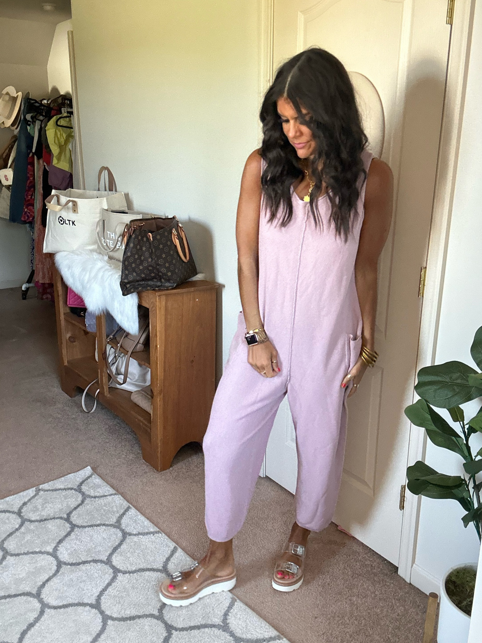 Size medium in this Amazon jumpsuit 
Size up half size in sandals 

#LTKSeasonal #LTKFindsUnder100 #LTKSummerSales