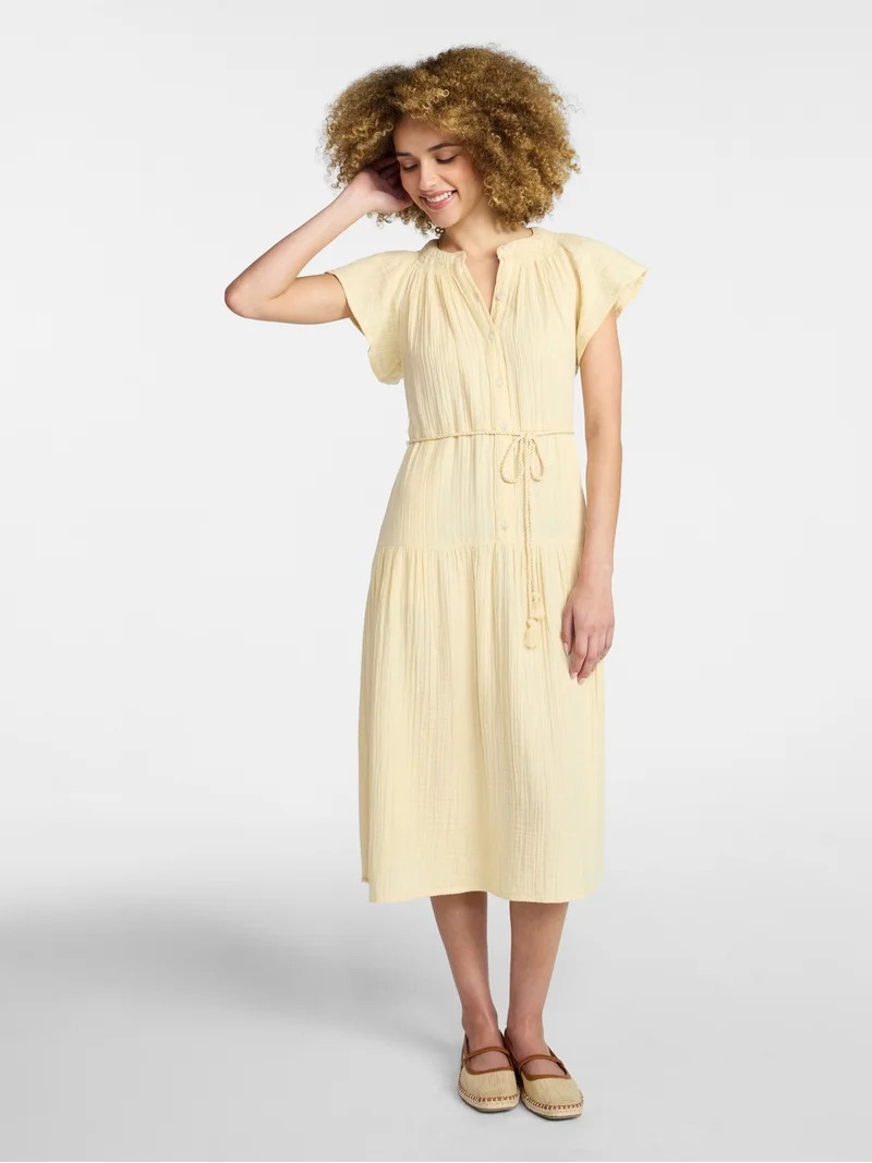 Time and Tru Women's Cotton Double Cloth Midi Dress with Short Flutter Sleeves, Sizes XS-XXXL | Walmart (US)
