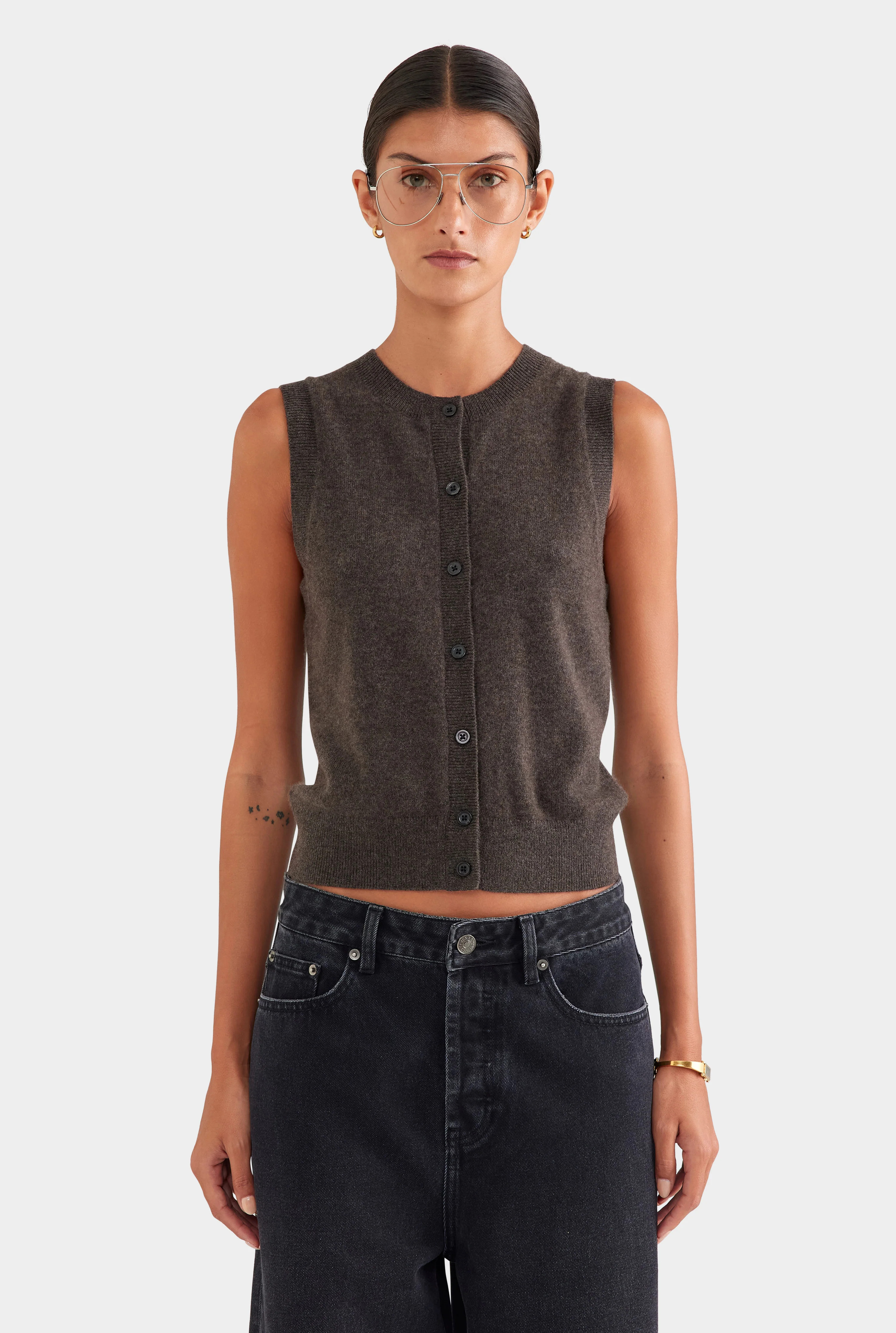 Cashmere Button Through Tank Chocolate Marl | Venroy | Venroy AU