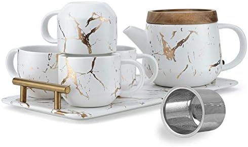 Taimei Teatime Ceramic Modern White Teapot Set, 25-oz Tea Sets for Adults, Marble Design Teapot w... | Amazon (US)