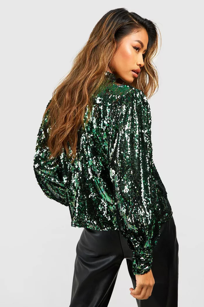 Sequin Volume High Neck Top | boohoo (US & Canada)