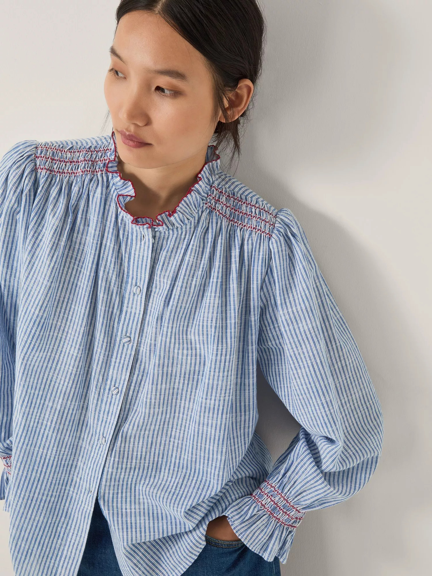 Monsoon Maeve Stripe Ruffle Shirt, Blue | John Lewis (UK)