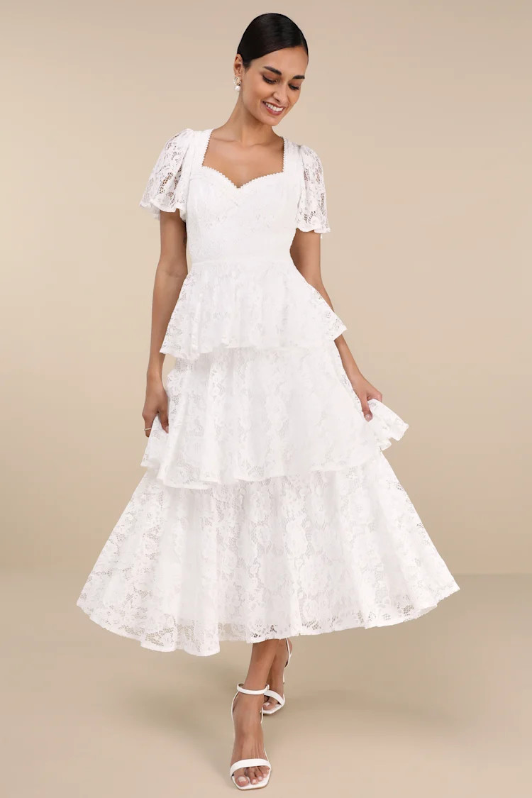 Delana White Crochet Lace Tiered Midi Dress | Lulus