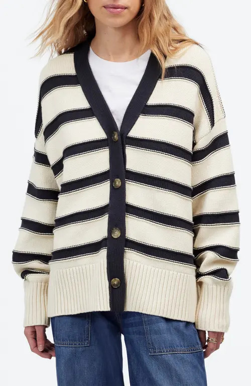 Madewell Stripe Oversize Cotton Cardigan in Cream Navy Stripe at Nordstrom, Size Xx-Small | Nordstrom