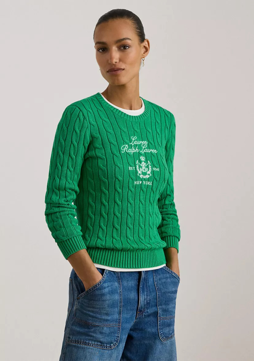 Petite Embroidered-Crest Cable-Knit Sweater | Belk