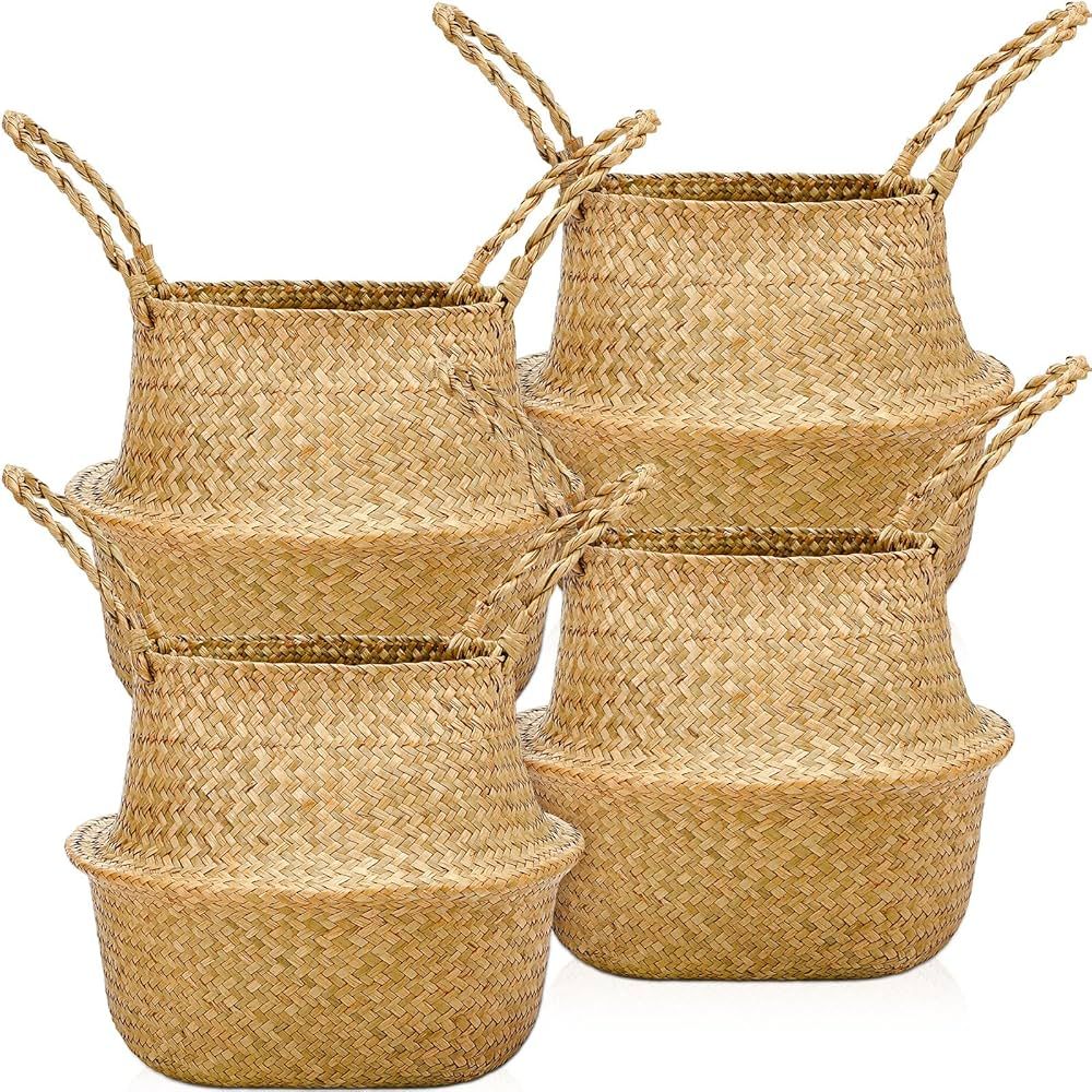 Qunclay Woven Seagrass Plant Basket Belly Basket Boho Natural Plant Pot with Handles Round Decora... | Amazon (US)