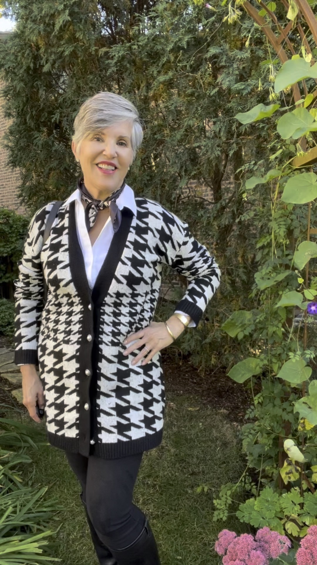 Talbots black and white cardigan (S)/ Talbots white perfect shirt (S)/ Rebecca Minkoff bandana/ J Mc Laughlin black faux suede leggings (M)/ Evereve black leather backpack 

#LTKitbag #LTKSeasonal #LTKstyletip