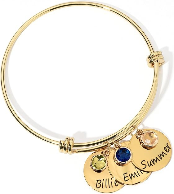 MignonandMignon Personalized Birthstone Bangle Bracelet for Women | Custom Name Charm Bracelet En... | Amazon (US)