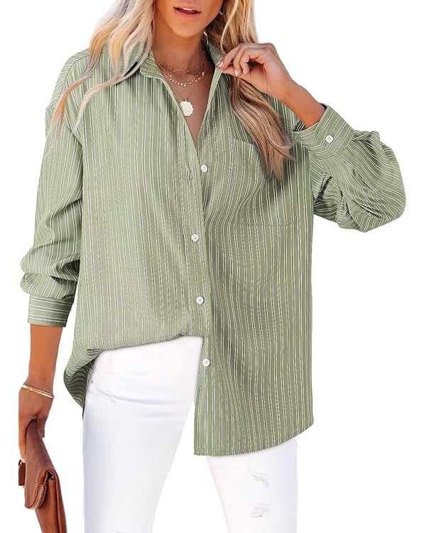 Astylish Womens Blouses Oversized Striped Shirt Long Sleeve V Neck Button Down Work Tops | Amazon (US)
