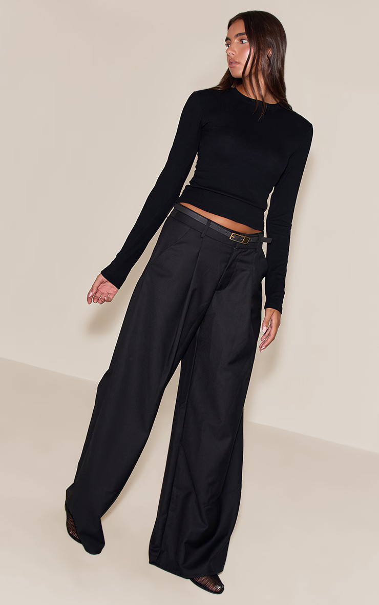 Black Soft Rib Crew Neck Long Sleeve Top | PrettyLittleThing UK