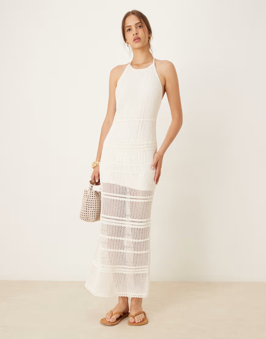 Abercrombie & Fitch crochet high neck open back maxi dress with beaded straps in cream-Neutral | ASOS (Global)