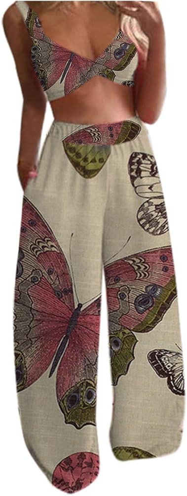 Women Two Piece Lounge Outfits Boho Floral Butterfly Print Crop Tops Elastic Waist Pant Sets Loose P | Amazon (US)