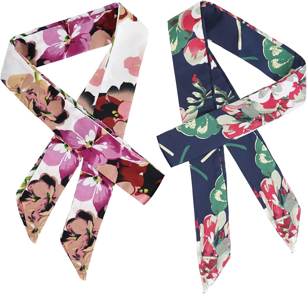 Luwint 2 Pcs Long Thin Satin Scarf, Floral Skinny Silk-like Necktie Chiffon Scarves Printed Narro... | Amazon (US)