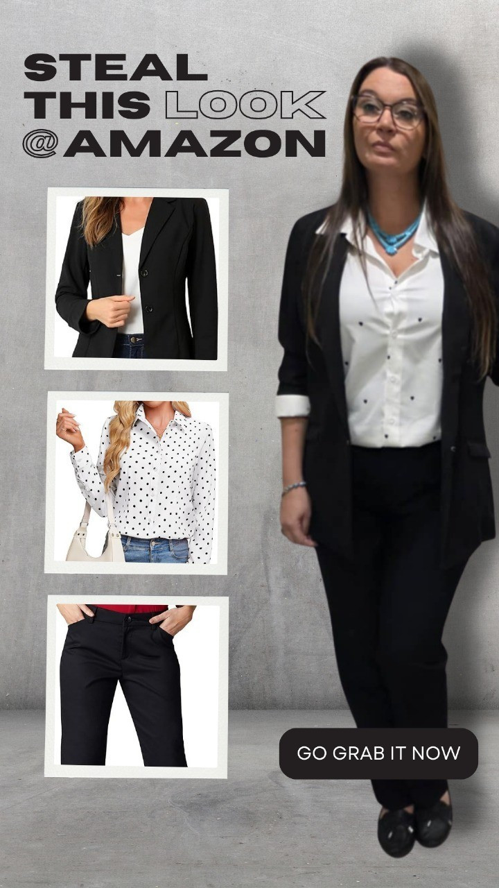 This look is giving classic with a twist! A tailored black blazer, chic polkadot blouse, and sleek black slacks that create the perfect balance of timeless and modern. It’s an outfit that works for client meetings, office days, and even after-hours plans.The exact pieces I’m wearing may be hard to find, but I’ve linked similar styles on Amazon through my LTK so you can easily recreate this polished power look.Shop the look now on my LTK! Classic staples, but always with personality.

#LTKActive #LTKHome #LTKBeauty
