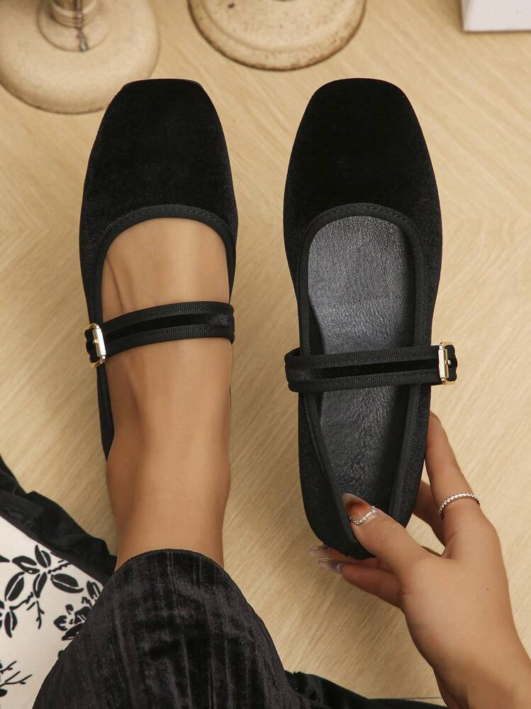 Women's Fashion Faux Suede Square Toe Flat Slip-On Shoes, Black Strap Dress Flats, Suitable For D... | SHEIN
