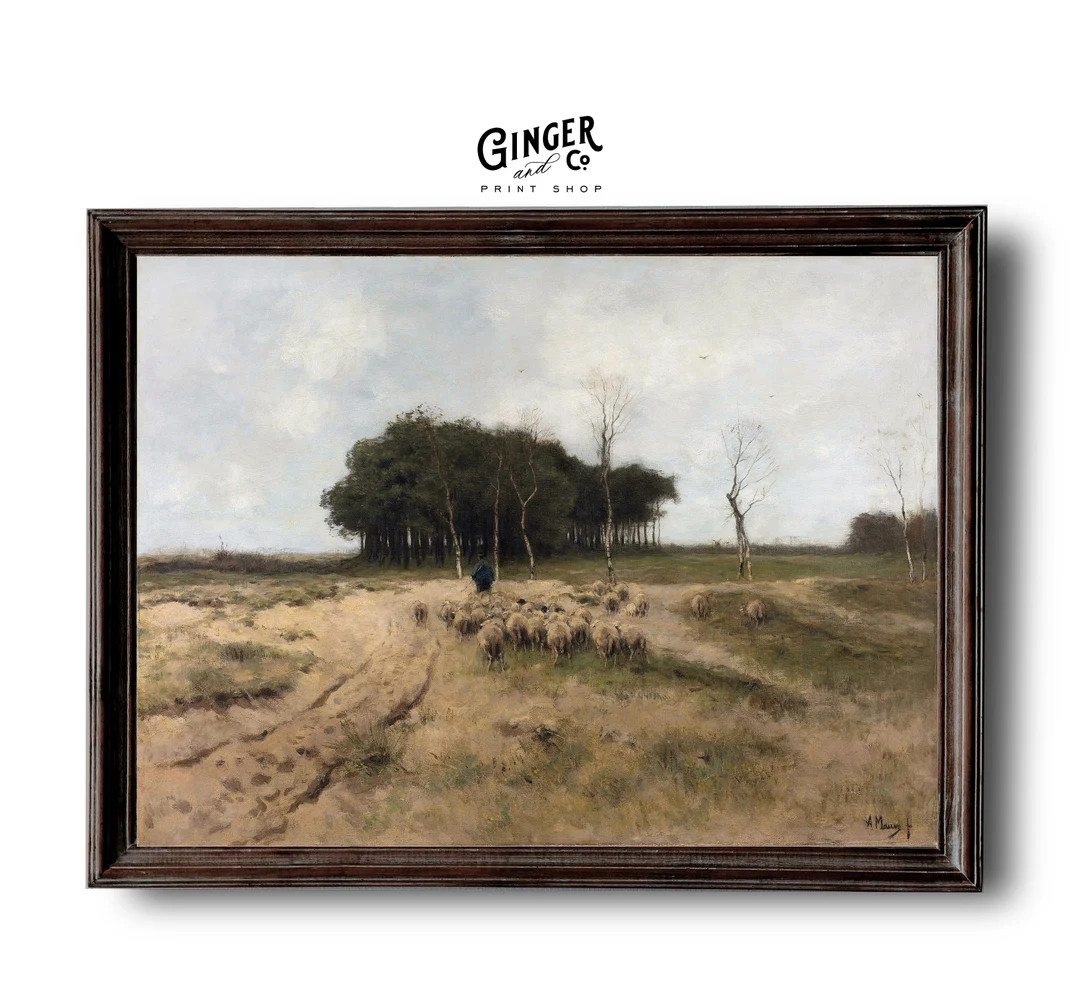 Leading the Flock -- Vintage Oil Painting, Spring Landscape Wall Art, Gicée Canvas Print, Peel a... | Etsy (US)