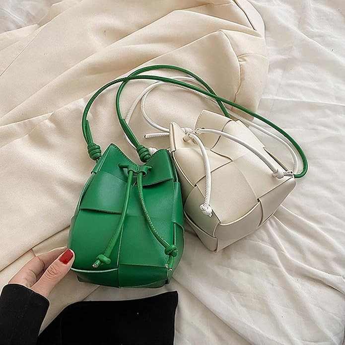Women's Woven Bucket Bag Crossbody Handbag PU Square Lattice Drawstring Leather Small Shoulder Ba... | Amazon (US)