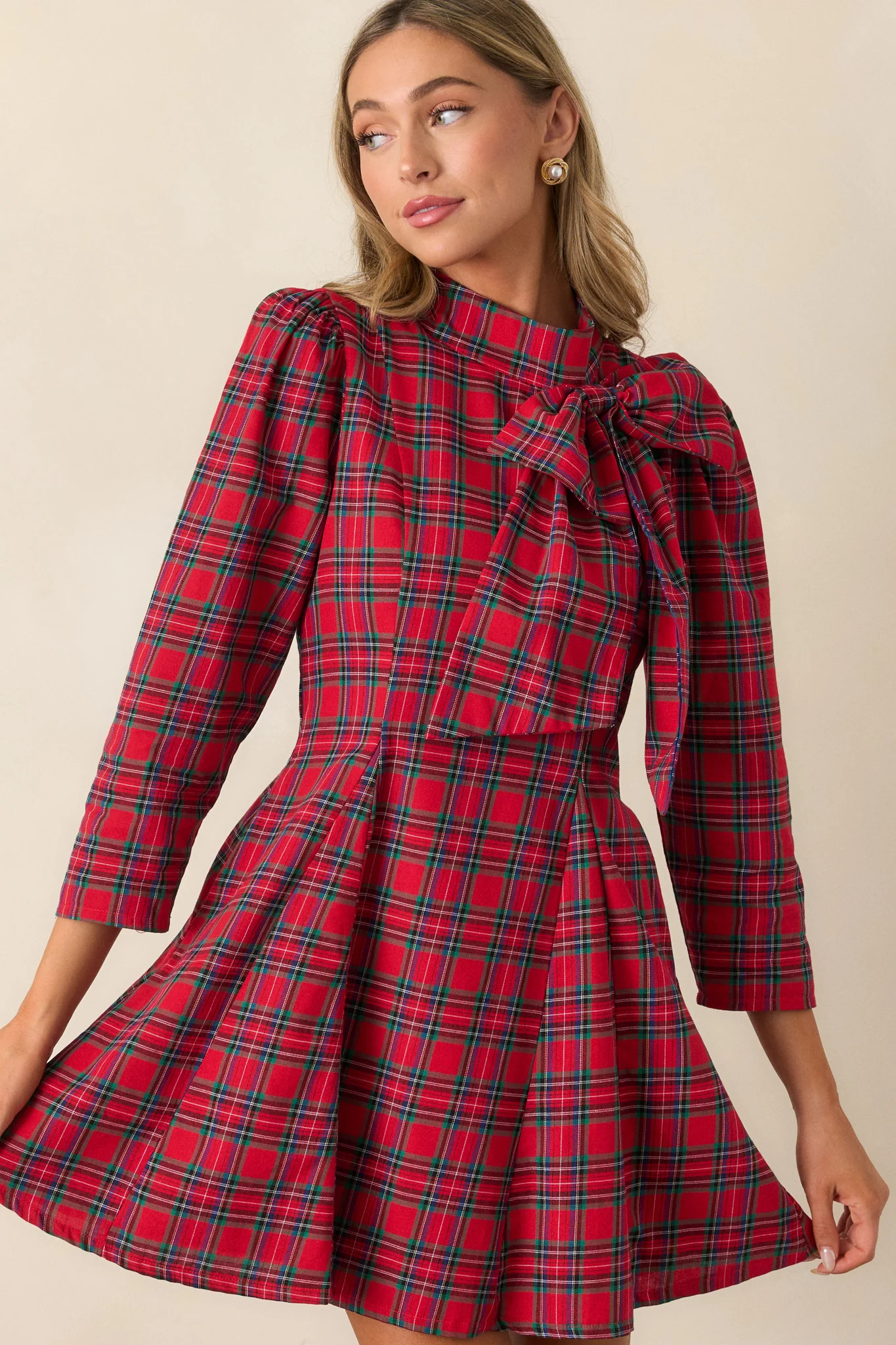 A Perfect Balance 100% Cotton Red Plaid Bow Mini Dress | Red Dress