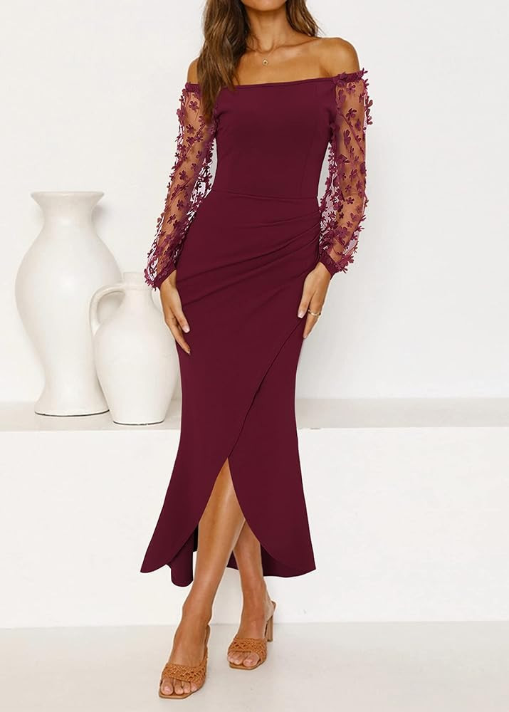BTFBM Women Elegant Off Shoulder Dresses Sheer Long Sleeve Mesh Ruched Wrap Split Bodycon Maxi Cockt | Amazon (US)