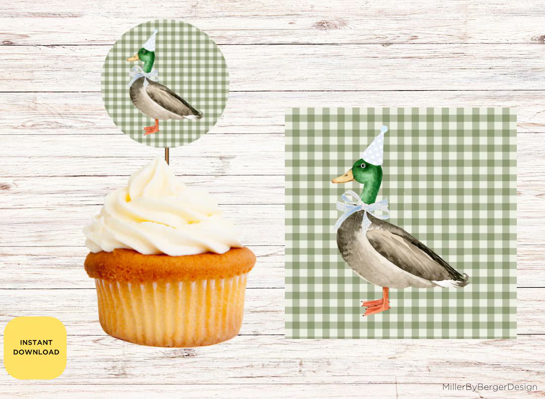 One Lucky Duck Mallard Duck Army Green Cupcake Topper One Year Old Birthday Party Instant Downloa... | Etsy (US)
