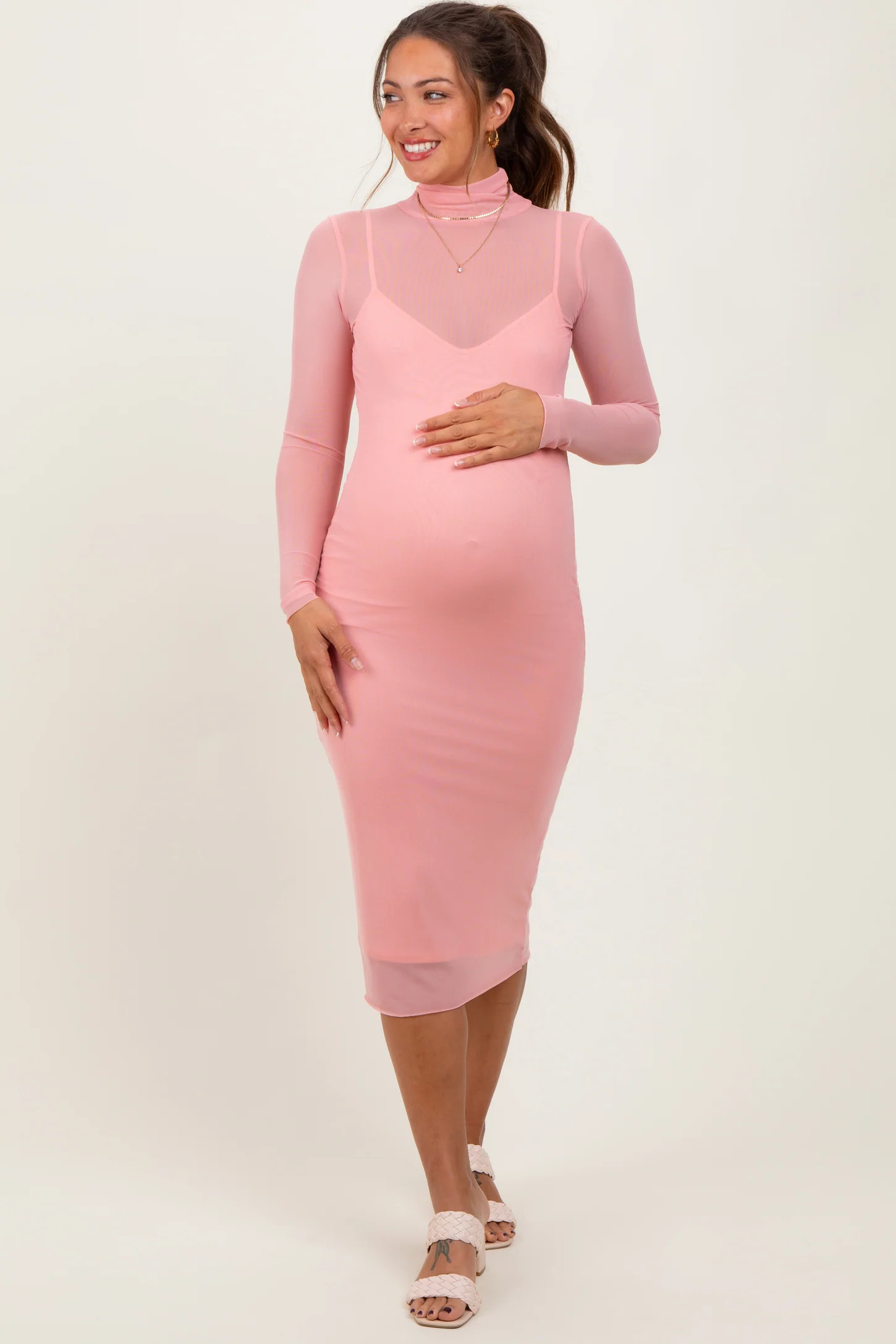Forest Green Mesh Overlay Fitted Maternity Midi Dress | PinkBlush Maternity