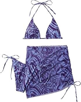 MakeMeChic Women's 3 Piece Halter Bikini Sets Swimsuit Bathing Suit Cover Up Skirt | Amazon (US)