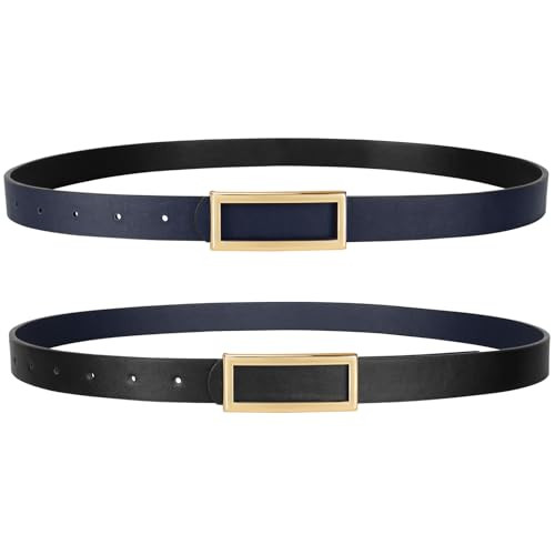 SANSTHS Skinny Reversible Belts for Women, Women Thin Belt for Dresses Jeans Pants with Ancient Gold Buckle, Brown+Navy Blue XXL | Amazon (US)