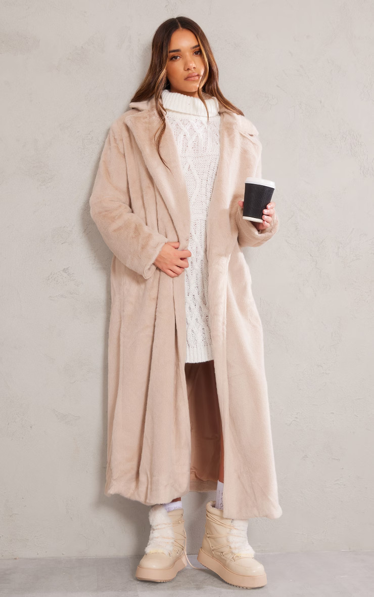 Beige Premium Soft Faux Fur Tailored Maxi Coat | PrettyLittleThing US
