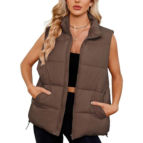 American Trends Womens Puffer Vest Sleeveless Stand Collar Puffy Jacket Long Down Coats Zip Up Outerwear Quilted Coat Gilet Vests with Pockets Brown Large | Amazon (US)