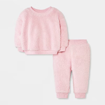 Baby Girls' 2pc Faux Shearling Sweatshirt and Jogger Pants Set - Cat & Jack™ Pink | Target