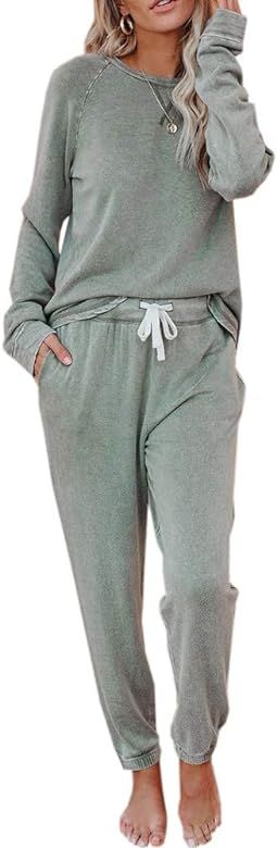 Womens Casual Pajamas Set Long Sleeve Tops and Pants Plain Knitted Joggers Pj Sets Nightwear Loun... | Amazon (US)