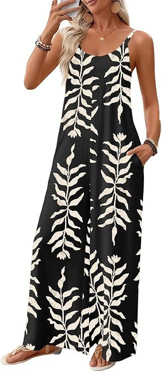BLENCOT Women's Summer Jumpsuits Sleeveless Spaghetti Straps Boho Printed Wide Leg Pants Rompers ... | Amazon (US)