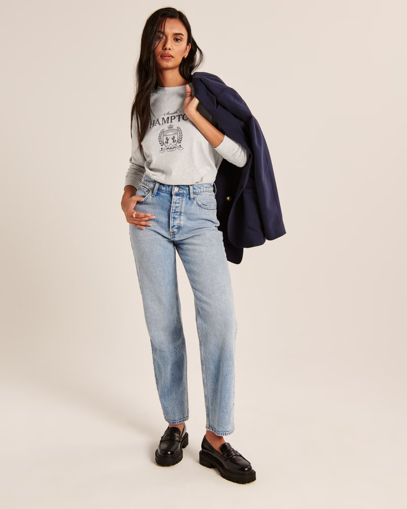 Women's Oversized Long-Sleeve Boyfriend Crest Graphic Tee | Women's Tops | Abercrombie.com | Abercrombie & Fitch (US)