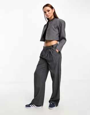 Mango Capsule cropped blazer and dad tailored trousers pinstripe set in grey in | ASOS (Global)