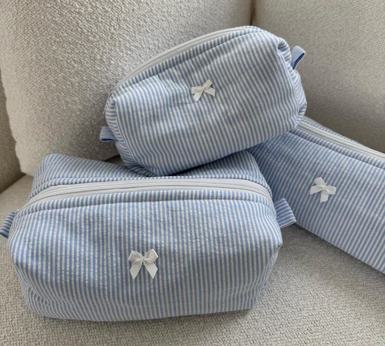 Blue Seersucker Makeup Pouch Makeup Bag Cosmetic Bag Blue Makeup Bag Travel Bag Hair Tools Pouch ... | Etsy (US)