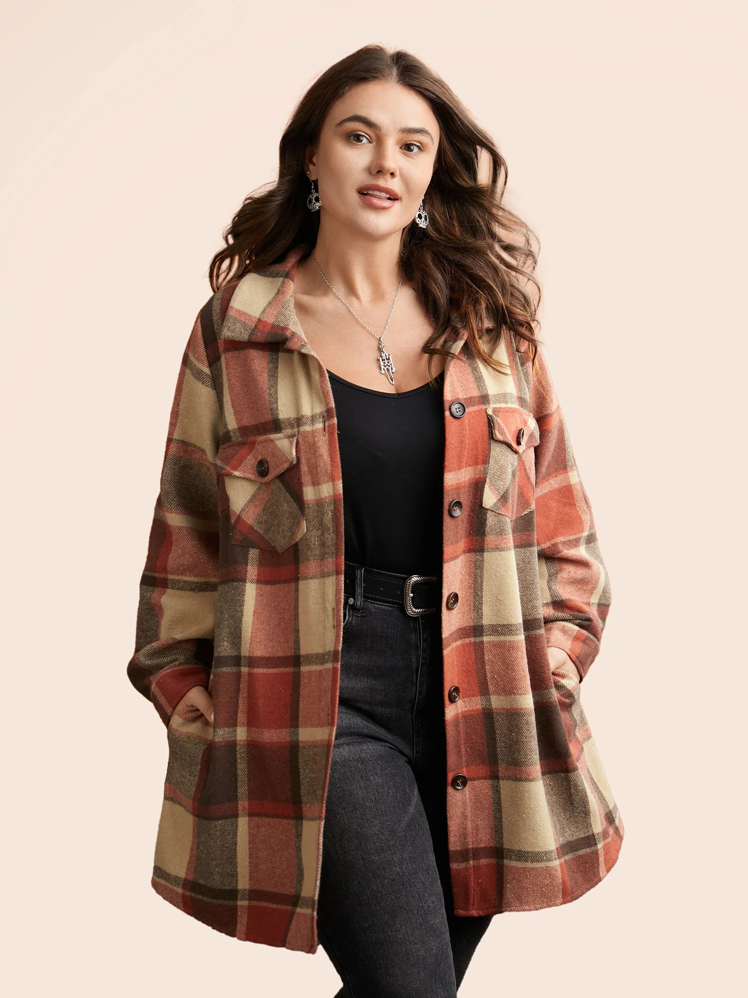 Halloween Plaid Chest Pockets Long Jacket | Bloomchic
