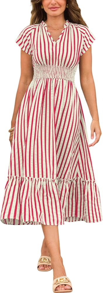 CUPSHE Women's Striped Smocked Midi Dress Cap Sleeve V Neck Flowy Tiered Sundress Casual Summer V... | Amazon (US)