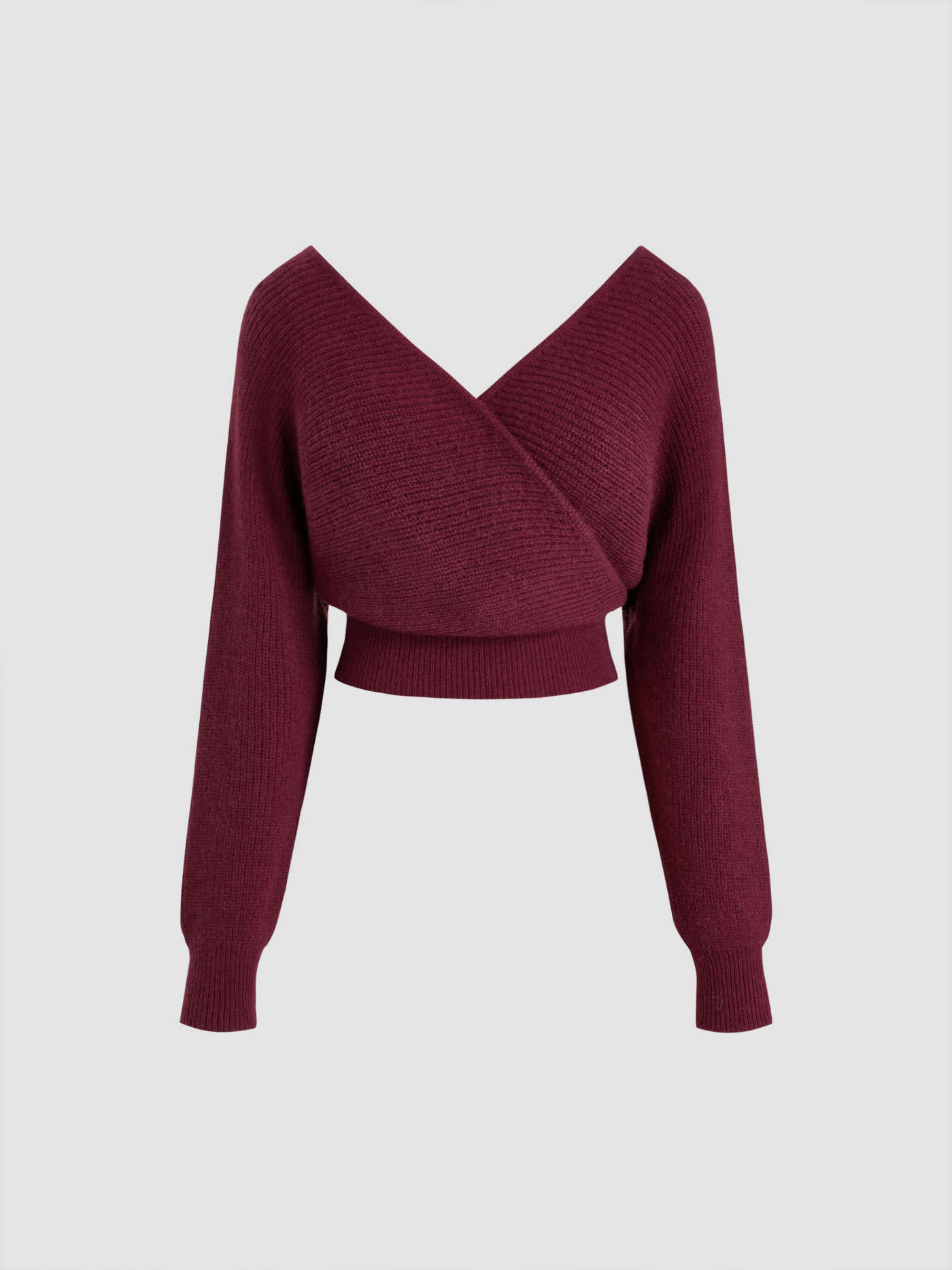 Knit V-neck Solid Wrap Crop Long Sleeve Top | Cider