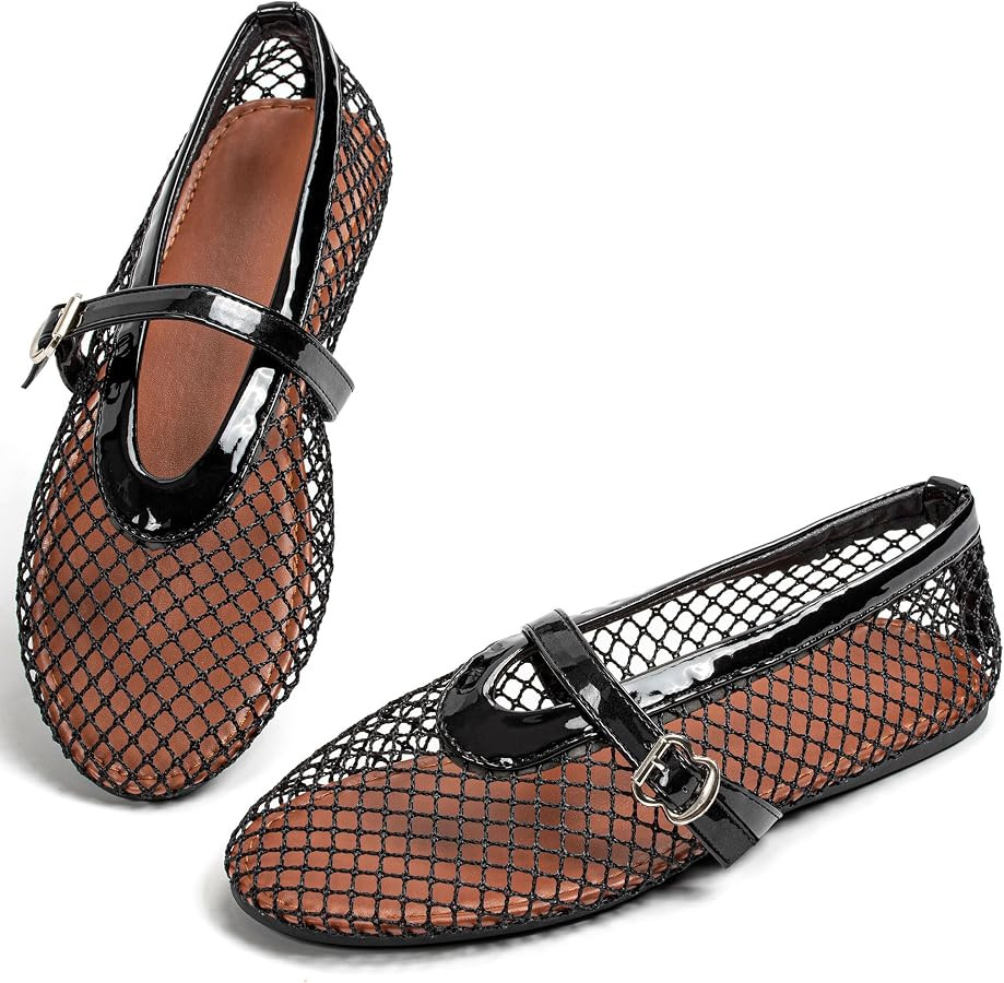 Mesh Ballet Flats for Women, Fishnet Ballerina Shoes Buckle Strap | Amazon (UK)
