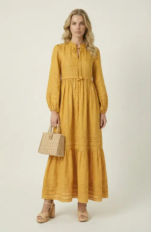Modenaire Midi Shirred Neckline Tie Front Long Sleeve Tiered Hem Dress in Mustard Yellow at Nordstrom, Size Medium | Nordstrom