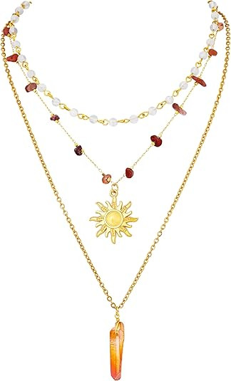 Sacina Layered Crystal Sun Necklace, Gothic Boho Hippie Summer Beach Necklace, Boho Hippie Jewelr... | Amazon (US)
