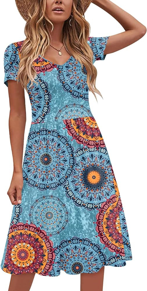 DB MOON Women Plus Size Dresses 2024 Summer Casual V Neck Short Sleeve Knee Length Dress with Poc... | Amazon (US)