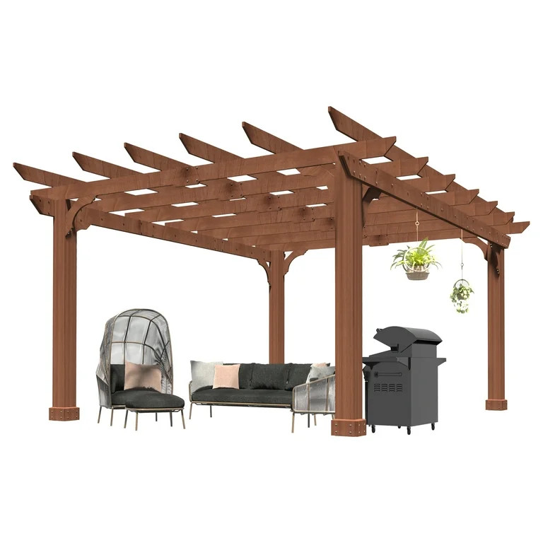 VEIKOUS 12'x10' Cedar Wood Pergola w/ Flat Roof and Ground Stakes for Outdoor Patio, Garden, Deck | Walmart (US)
