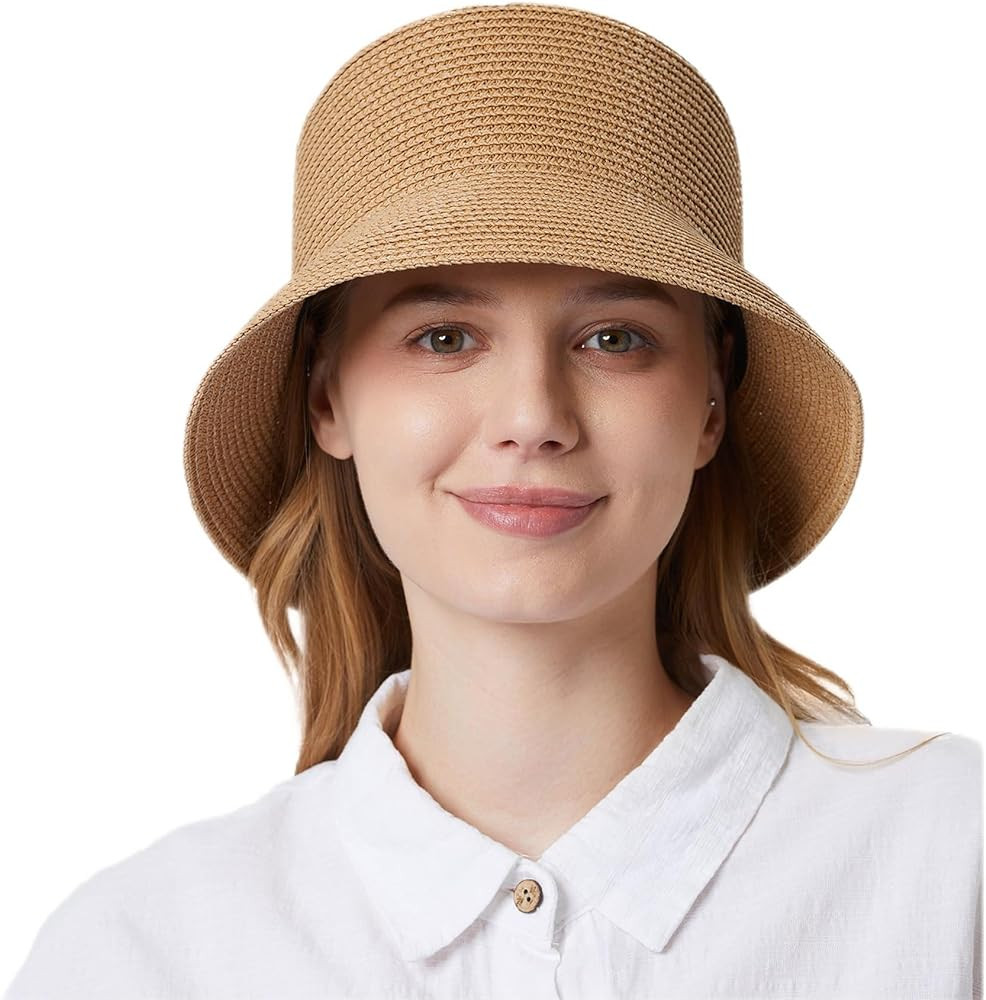Women's Straw Bucket Hat Beach Hat Foldable Summer Travel Sun Caps Outdoor Fisherman Hat | Amazon (US)