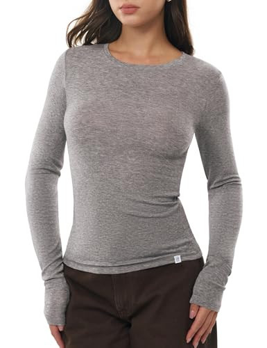 C202 Long Sleeve Shirts for Women Crew Neck Going Out Tops Fall Basic Tee Trendy, Heather Charcoal Medium | Amazon (US)