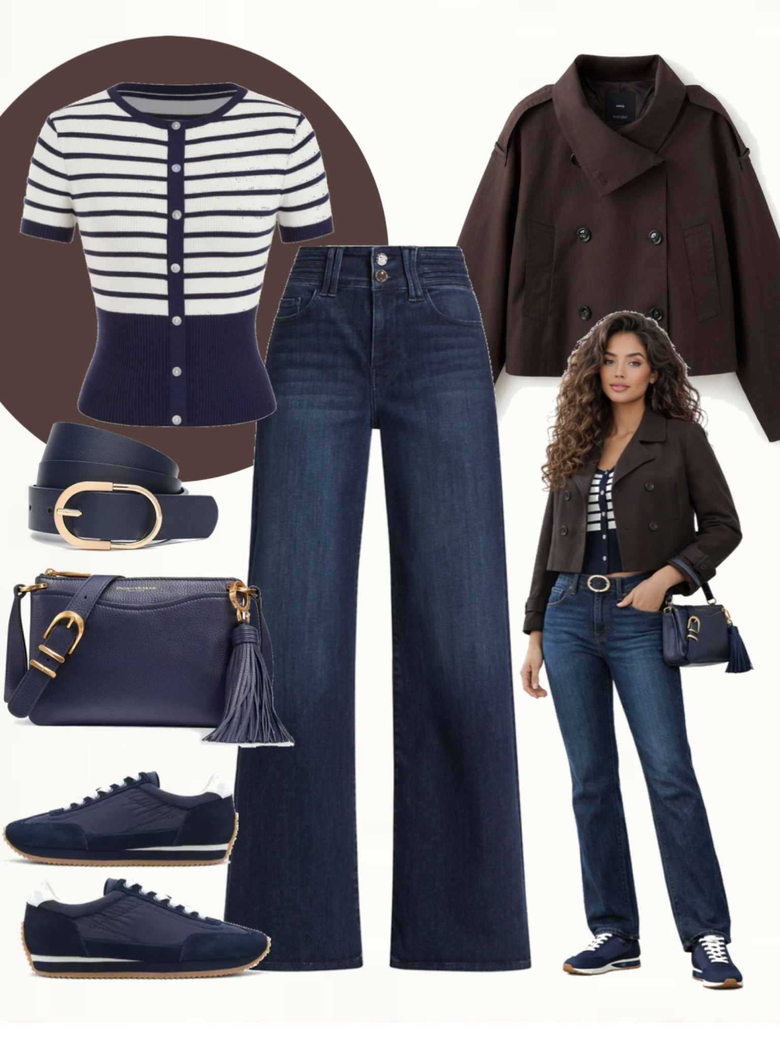 Navy and white striped short-sleeve knit top with medium-dark wash straight leg jeans and a cropped brown jacket. Styled with navy sneakers, a navy crossbody bag, and a black belt with gold buckle.
#effortlessstyle #springlooks #denimstyle

#LTKOver40 #LTKSeasonal #LTKootd